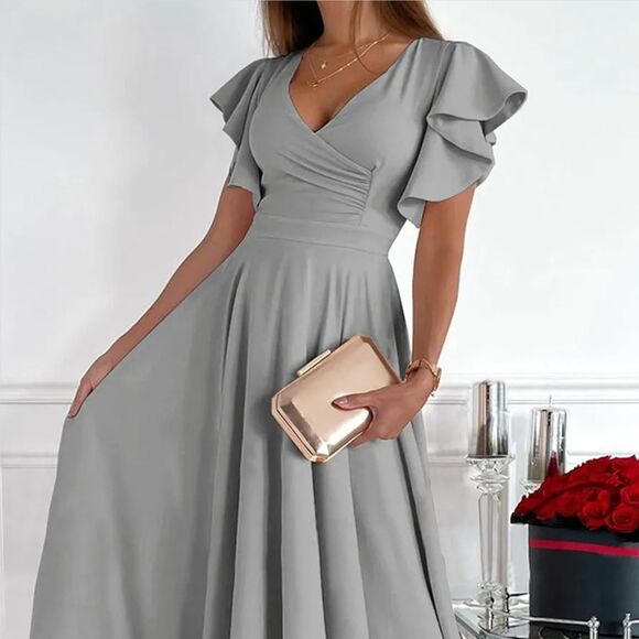 Dokotoo Aqua Gray Flutter Sleeve Midi Dress Women Size Medium V-Neck Fit & Flare - Picture 4 of 8